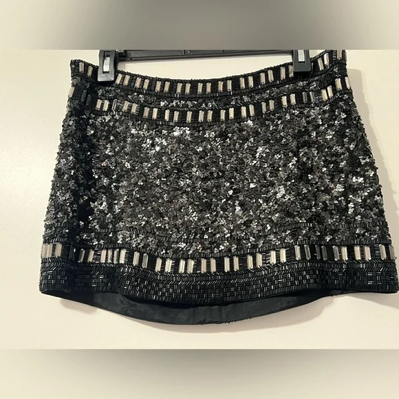 VINTAGE All Saints Spitalfields Sequin Embellished Black Silver Mini Skirt S/M - Picture 2 of 13